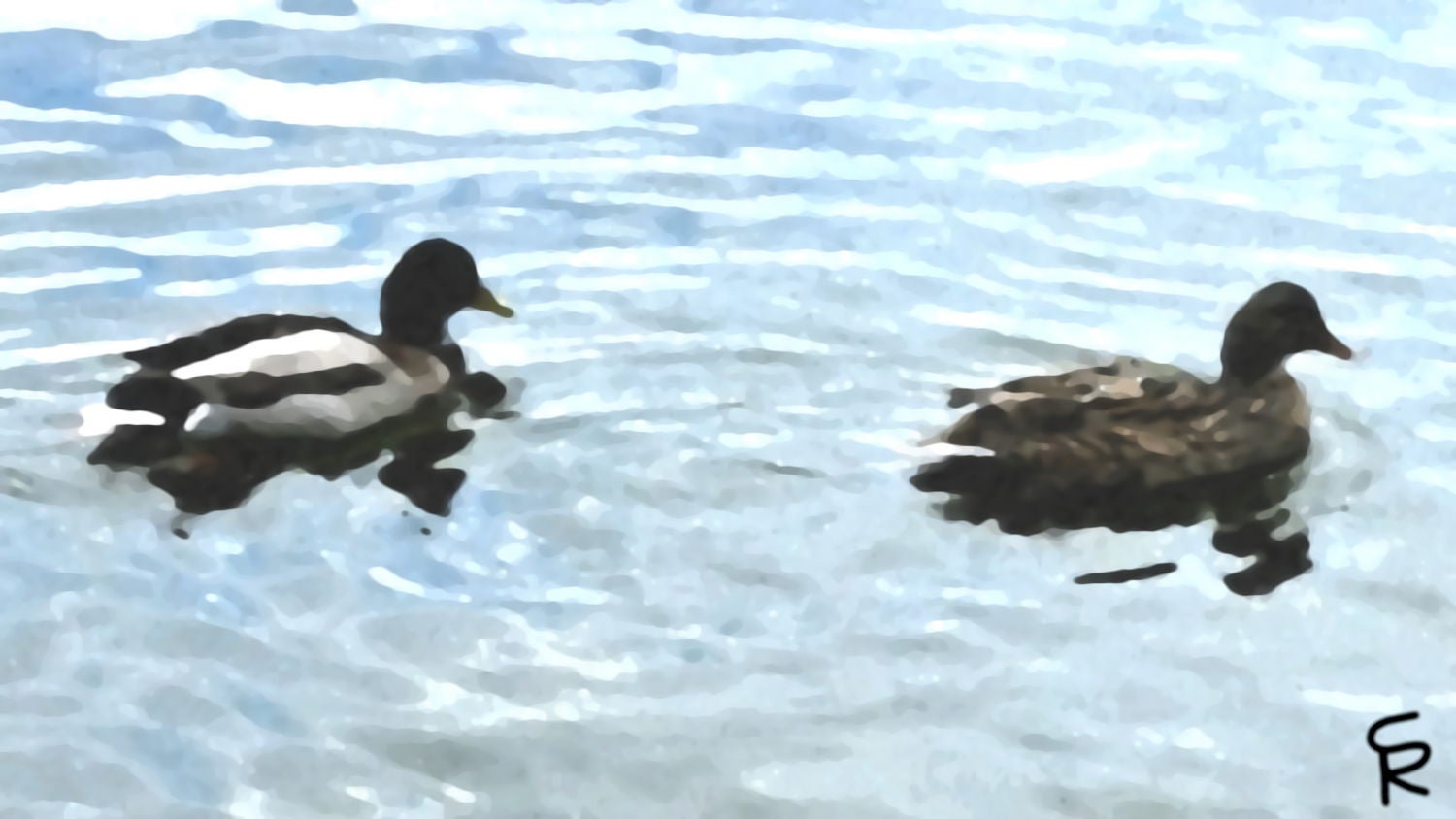 This painting captures a fleeting moment of two ducks swimming in a serene lake, bathed in the soft, warm light of the natural world. The brushstrokes are bold and expressive, with thick layers of paint applied in spontaneous but deliberate gestures to convey the sense of movement and energy in the scene. The lake's color palette is made up of soft blues with touches of white to highlight the light that dances across the water's surface. The ducks themselves are rendered in broad but feathery brushstrokes, with an emphasis on capturing their gentle ripples as they swim across the lake and the soft, downy textures of their feathers. With this, I aim to create a sense of depth and luminosity in the painting, drawing the viewer's eye into the tranquil world of the lake. The overall effect results in one of captivating immediacy, as if the scene is unfolding before our very eyes.