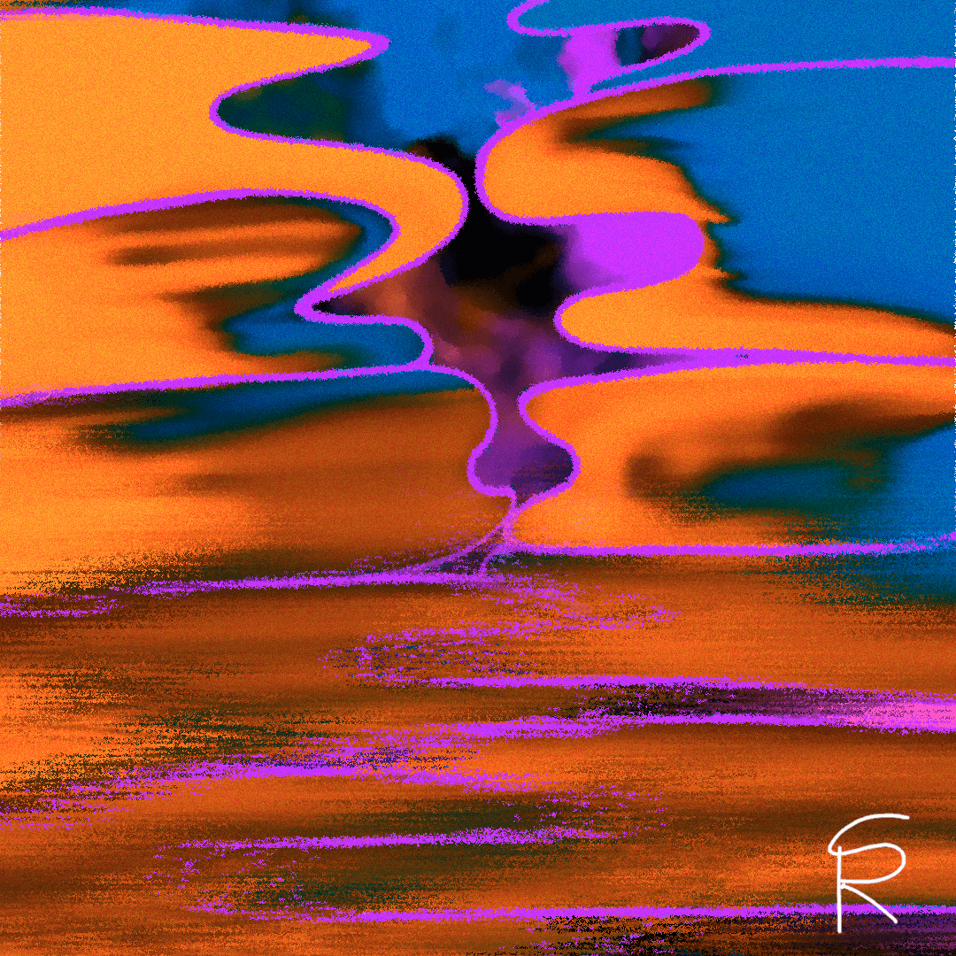 This abstract artwork features a vibrant palette of orange, purple, and blue. The image is dominated by two differently colored blobs that appear to gradually layer atop one another as they fade into noise. These shapes are outlined in a bold purple hue. The image is both visually stimulating and thought-provoking, leaving the viewer to interpret its meaning and symbolism. And that's all I have to say.