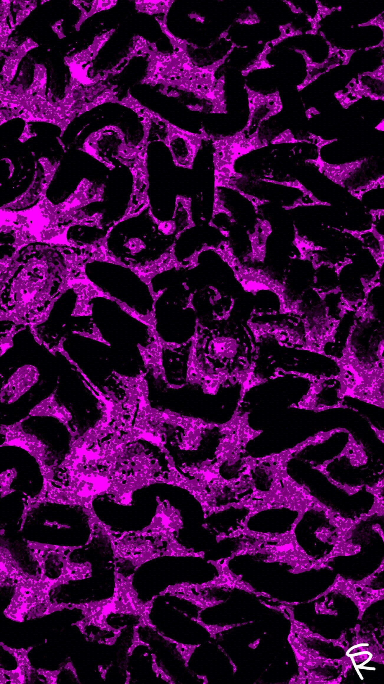 This is a close-up photograph of alphabet soup that became heavily modified to look completely different. The lines are a deep purple/pink color and the lighting is a black color, giving it a hollowed out appearance. The texture of the surface is rough and granular. As you can see, letters overlap each other to form a sense of depth and movement.