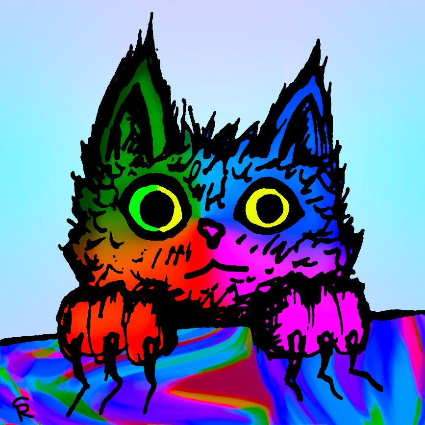 This is a stylized depiction of a cat, whose fur color can be best characterized as a mosaic of lively hues, predominantly featuring shades of green, red, pink, and blue. The cat is scratching the table with their claws. Large and round eyes enhance the surreal atmosphere of the piece. The cat's expression conveys a sense of playful innocence, perhaps suggesting a mischievous spirit. The background is just a soft pastel blue and pink gradient that is subtle.