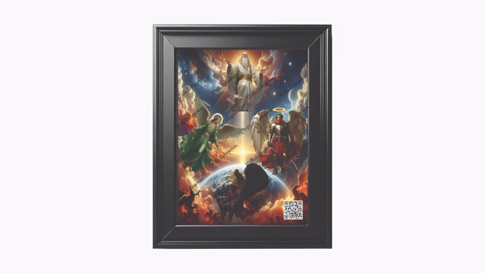 This is a picture of the War in Heaven. God is depicted as well as two archangels
