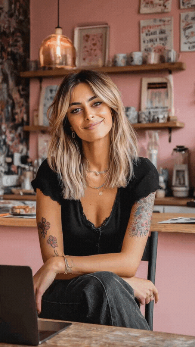 Animation MIU style entrepreneuse, tenue élégante et attitude confiante, vidéo courte de 5 secondes pour stories et reels professionnels.