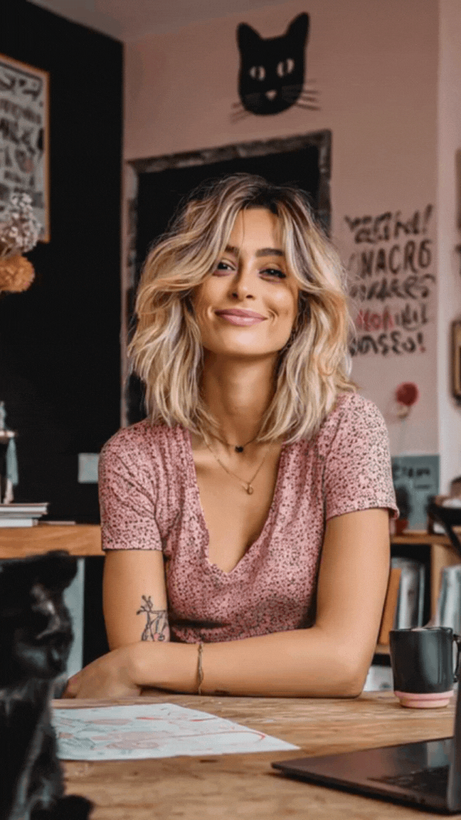 Animation MIU style entrepreneuse, femme entrepreneuse dans un univers inspirant, vidéo courte de 5 secondes pour réseaux sociaux.