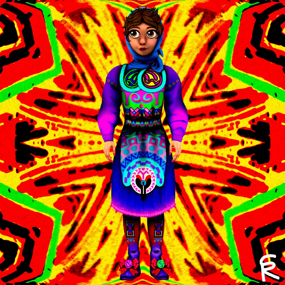 The primary subject of this digital artwork is a young woman, depicted in a stylized cartoonish manner that still maintains some amount of realism in a vague way. Her face is smooth and rounded, with large, expressive eyes and irises of brown/amber that evoke curiosity and warmth. The eyebrows are slightly arched. A subtle smile of faded red lips enhances her engaging presence. A bright blue headkerchief is wrapped intricately around her head, drawing attention to the face and contrasting beautifully with the lighter shades of her skin and messy brown hair. The scarf's texture appears to be smooth, with subtle folds and shadows that exhibit depth. She is dressed in an extravagant ensemble characterized by intricate patterns and a bold color palette of mostly purple, blue, and pink, combined with vivid accents in green and yellow. The attire features symbols like hearts and smiley faces and other motifs that flow seamlessly across various parts of the fabric. There is a sense of movement and energy, giving life to the static image. The background is dominated by bright yellow, orange, and green and it generates a sense of warmth and vibrancy. The colors and shapes blend into one another in a way that creates a sense of movement, radiating outward from the center like a kaleidoscopic effect that enhances depth and contrasts sharply with the more organic lines of the figure. This creates a fractal quality of infinite patterns.