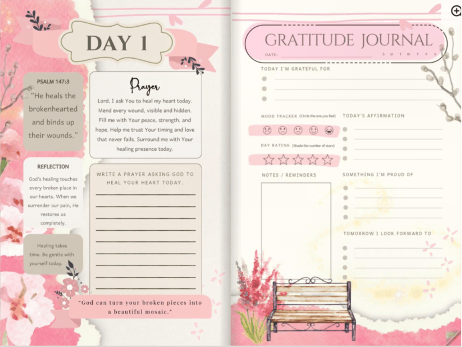Digital prayer journal flip through for women, featuring scripture-based healing prompts, daily gratitude pages, and a calm floral aesthetic for iPad Goodnotes.