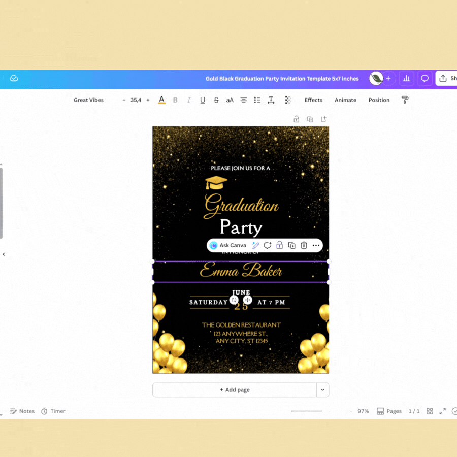 Gold Black Graduation invitation Template - Edit in Canva - instant download