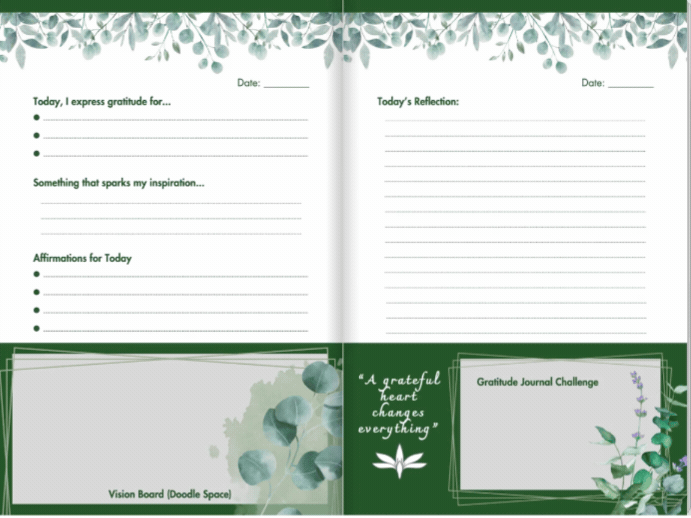 An aesthetic digital flipbook titled "Gratitude Journal" featuring a minimalist "Modern Sanctuary" design with soft green botanical leaves. The GIF showcases a realistic page-flipping animation, revealing clean daily entry pages with prompts for "Today, I express gratitude for..." and "Affirmations for Today." The layout includes a dedicated "Vision Board (Doodle Space)" and inspirational quotes like "A grateful heart changes everything." The design is serene and professional, optimized for a peaceful daily journaling ritual.