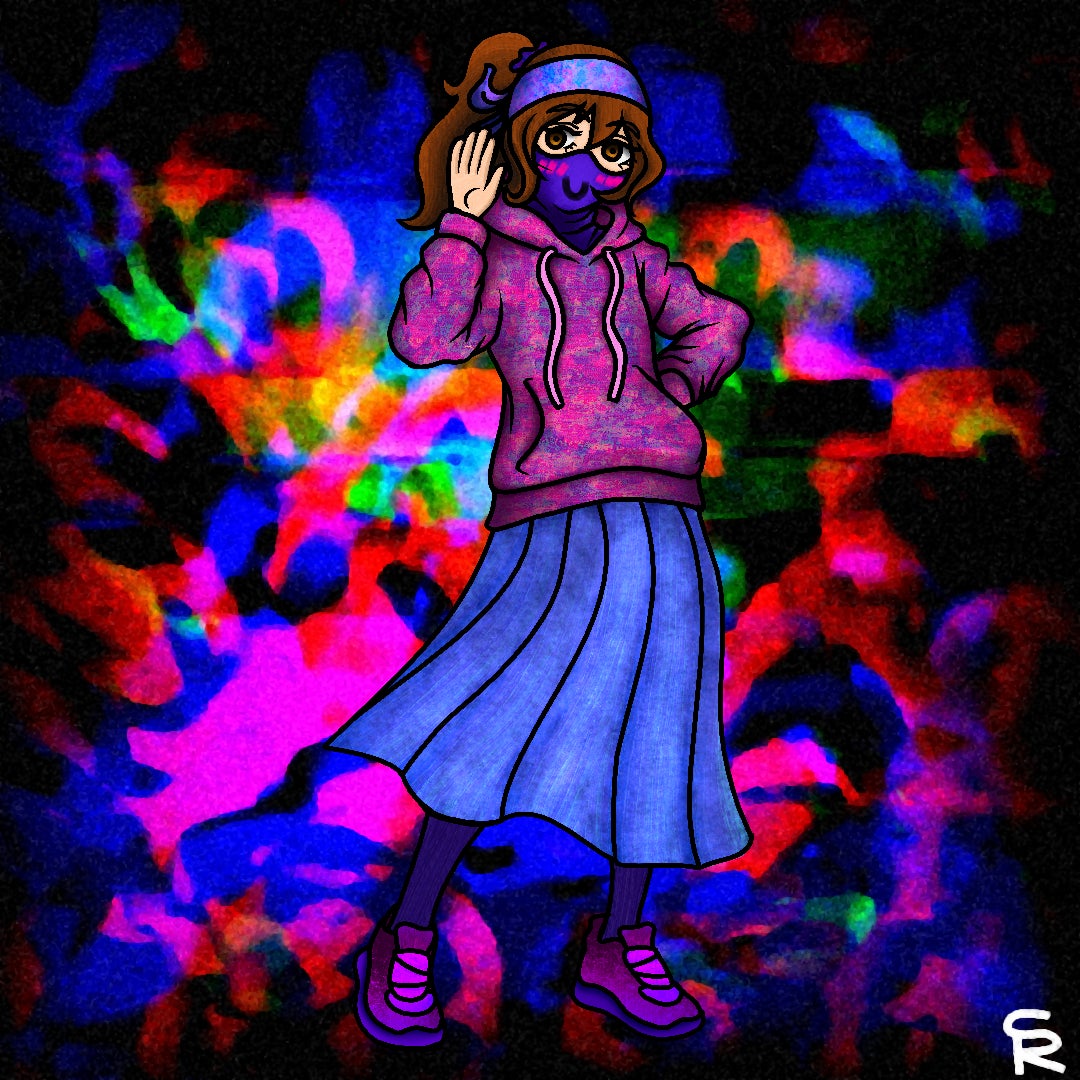 This is a digital artwork. A light brown-haired woman wearing a bluish bandana, a neck gaiter with an emoticon-like design on it (blushing and smiling), a hoodie sweater composed of multiple colors, a long blue skirt that's very shiny, dark purple leggings, and purplish-blue sneakers with straps. Each piece of clothing has their own respective textures; for example, the sweater's texture looks as if made up of pixels, the sneakers have a gritty look to them despite their simplistic design, and the blue skirt has notably patchy shadows while having a luminous look to them. The ponytailed woman has one hand that is waving, with her brown eyes looking towards the viewer, while the other is deep in the pockets of the sweater. The background is a blue, red, and pink abstract piece with bits of green on it. It looks swirly and the colors look layered on top of each other, while retaining a look that appears almost pointillist. The artist's signature is at the bottom right corner in white paint. (the character depicted in this artwork is entirely fictional and is not based on any persons living or dead, or on another existing fictional character)