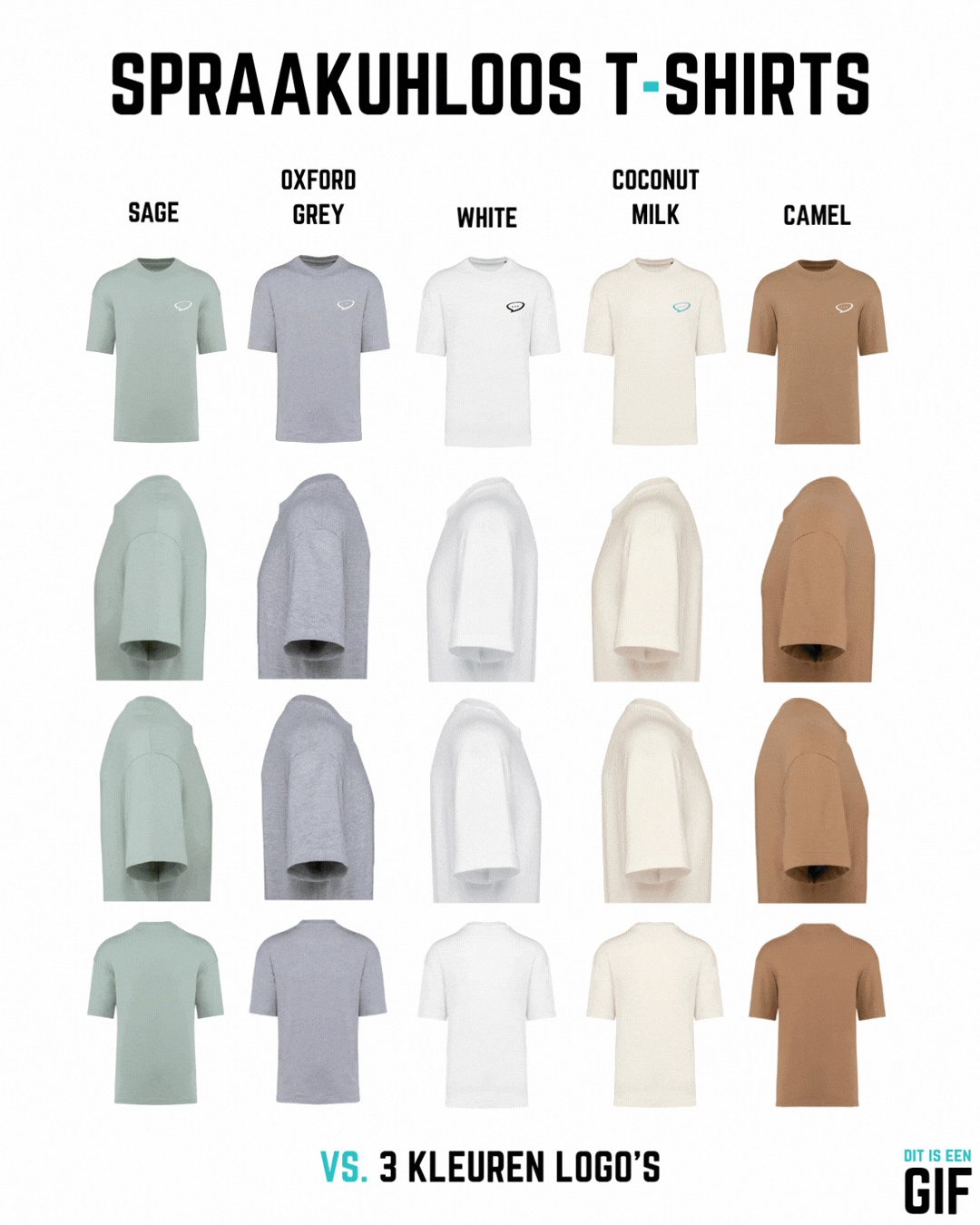 GIF afbeelding waarin een overzicht wordt gegeven van 5 van de 10 beschikbare Spraakuhloos T-shirts, namelijk de lichte kleuren. Van links naar rechts staan de kleuren Sage, Oxford Grey, White, Coconut Milk en Camel. De t-shirts worden in vier perspectiev