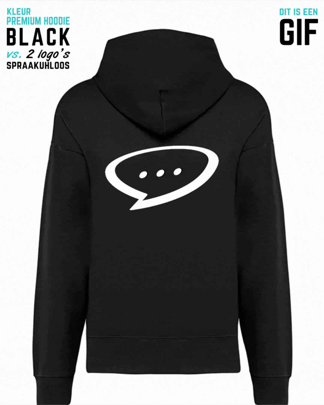 GIF afbeelding waarin een Premium hoodie met een Spraakuhloos logo op de rug wordt weergegeven op een witte achtergrond. De kleur van het logo wisselt ongeveer elke seconde van wit naar zwart. Daarnaast verandert de kleur van de hoodie elke 3 seconden. Zo
