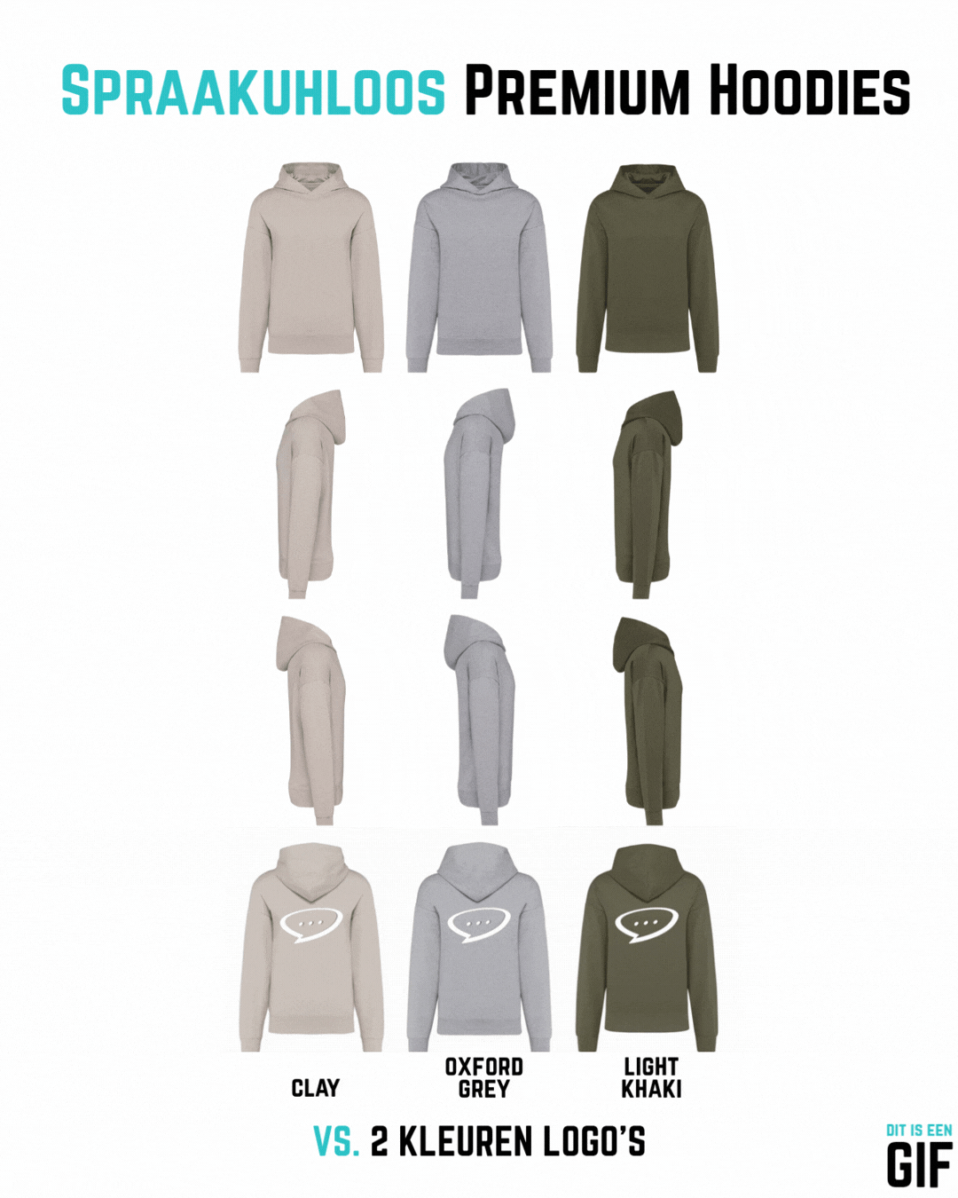 GIF afbeelding waarin een overzicht wordt gegeven van 3 van de 6 beschikbare Spraakuhloos Premium Hoodies, namelijk de donkere kleuren. Van links naar rechts staan de kleuren Black, Navy en Wine. De hoodies worden in vier perspectieven van boven naar bene