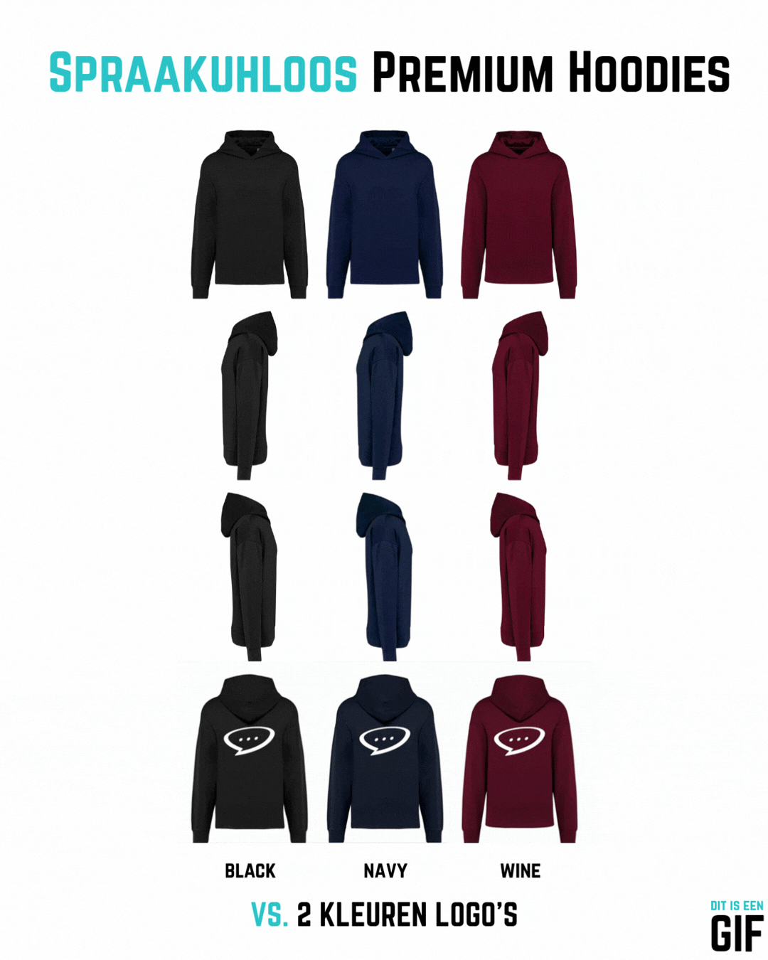 GIF afbeelding waarin een overzicht wordt gegeven van 3 van de 6 beschikbare Spraakuhloos Premium Hoodies, namelijk de lichte kleuren. Van links naar rechts staan de kleuren Clay, Oxford Grey en Light Khaki. De hoodies worden in vier perspectieven van bov