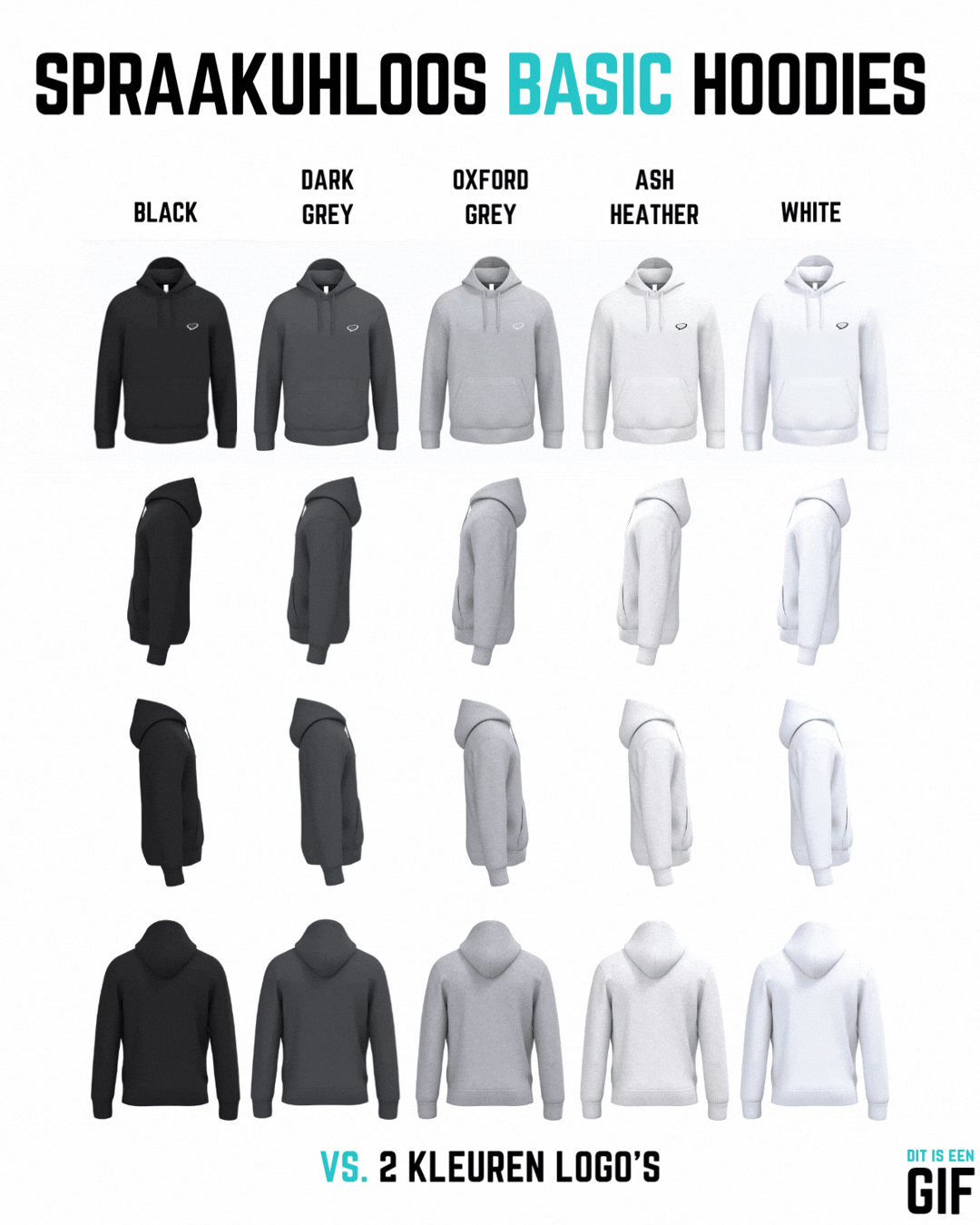 GIF afbeelding waarin een overzicht wordt gegeven van 5 van de 10 beschikbare Spraakuhloos Basic Hoodies, namelijk de gekleurde hoodies. Van links naar rechts staan de kleuren Forest Green, Navy, Royal Blue, Red en Orange. De hoodies worden in vier perspe