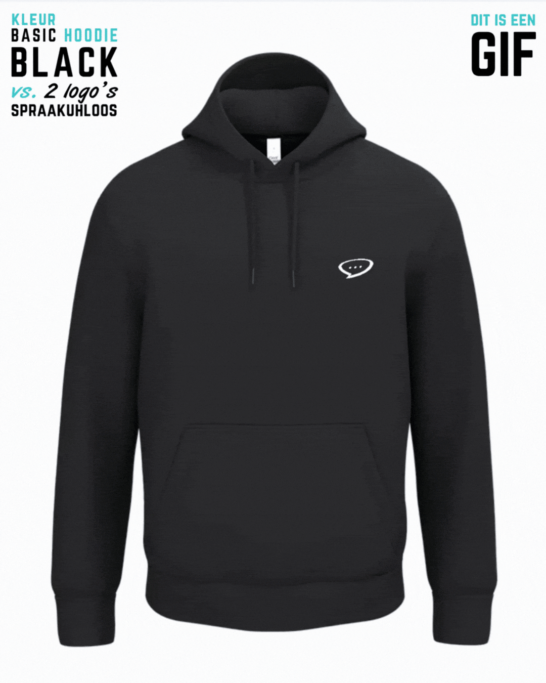 GIF afbeelding waarin een Basic hoodie met een klein Spraakuhloos logo ter plaatse van het hart wordt weergegeven op een witte achtergrond. De kleur van het logo wisselt ongeveer elke seconde van wit naar zwart. Daarnaast verandert de kleur van de hoodie 