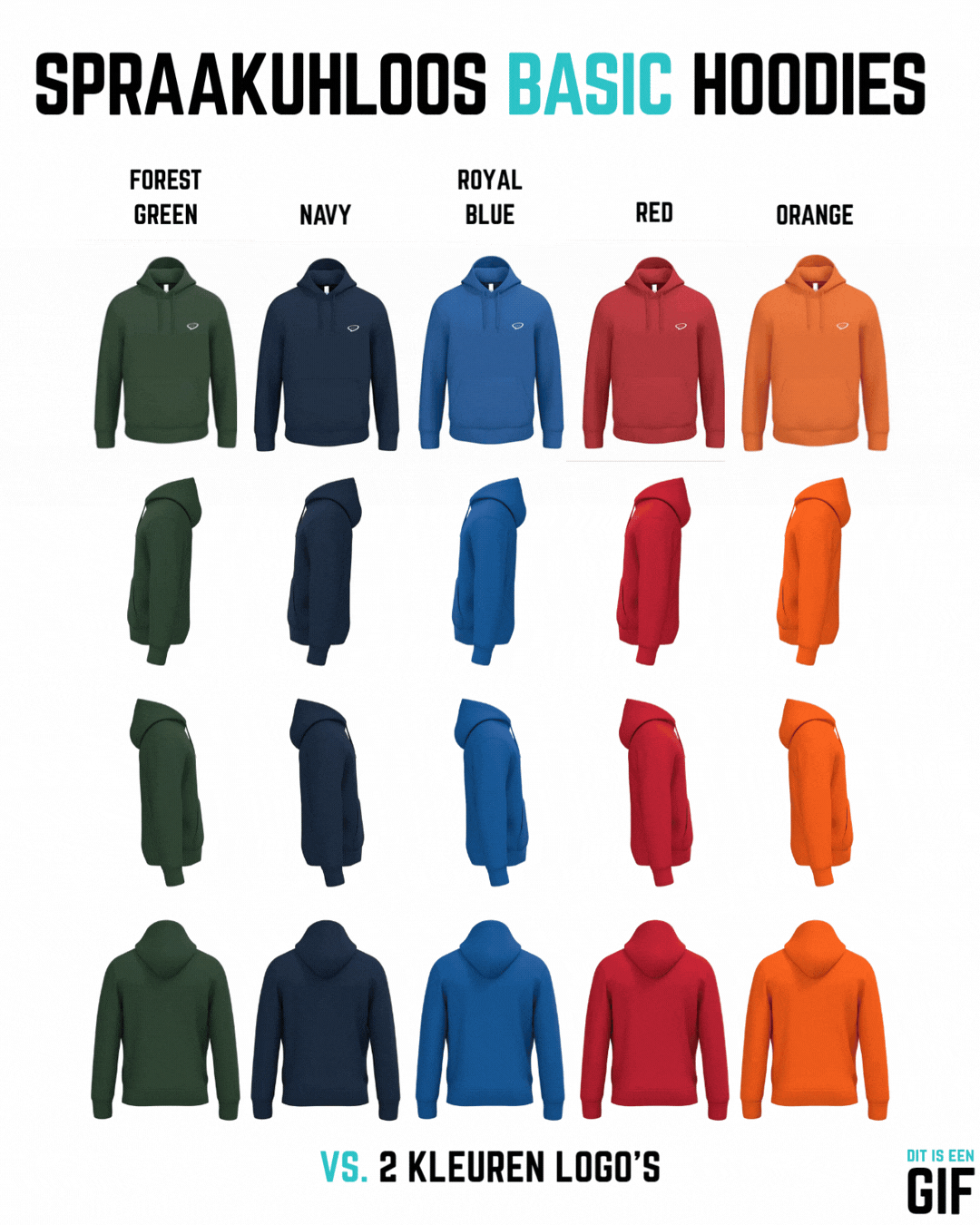 GIF afbeelding waarin een overzicht wordt gegeven van 5 van de 10 beschikbare Spraakuhloos Basic Hoodies, namelijk de zwarte, witte en grijze hoodies. Van links naar rechts staan de kleuren Black, Dark Grey, Oxford Grey, Ash Heather en White. De hoodies w