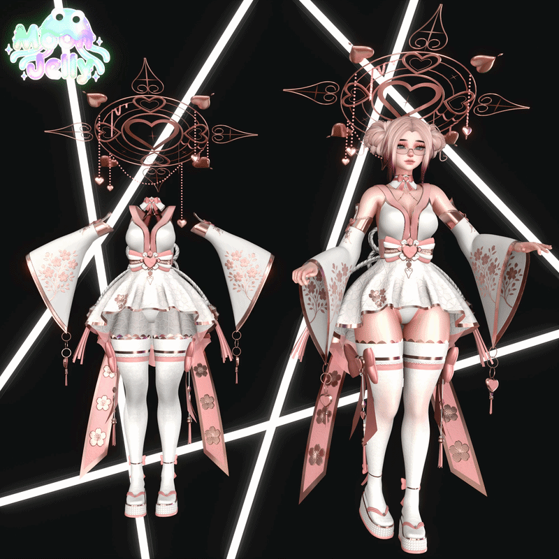 Heavenly Heart | Magical Girl x Shrine Maiden Set, Heart Halo, Sakura Skirt, Bell Sleeves, Thigh-High Socks, Ribbons, Bows