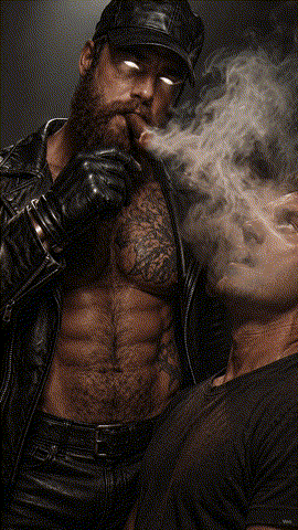 Beefy bearded leather Master with tattoos hypnotizing tranced dude with cigar smoke animation