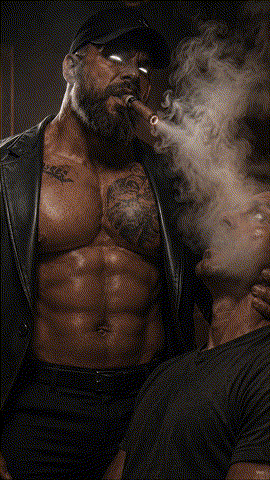 Beefy bearded leather Master with tattoos hypnotizing tranced dude with cigar smoke animation