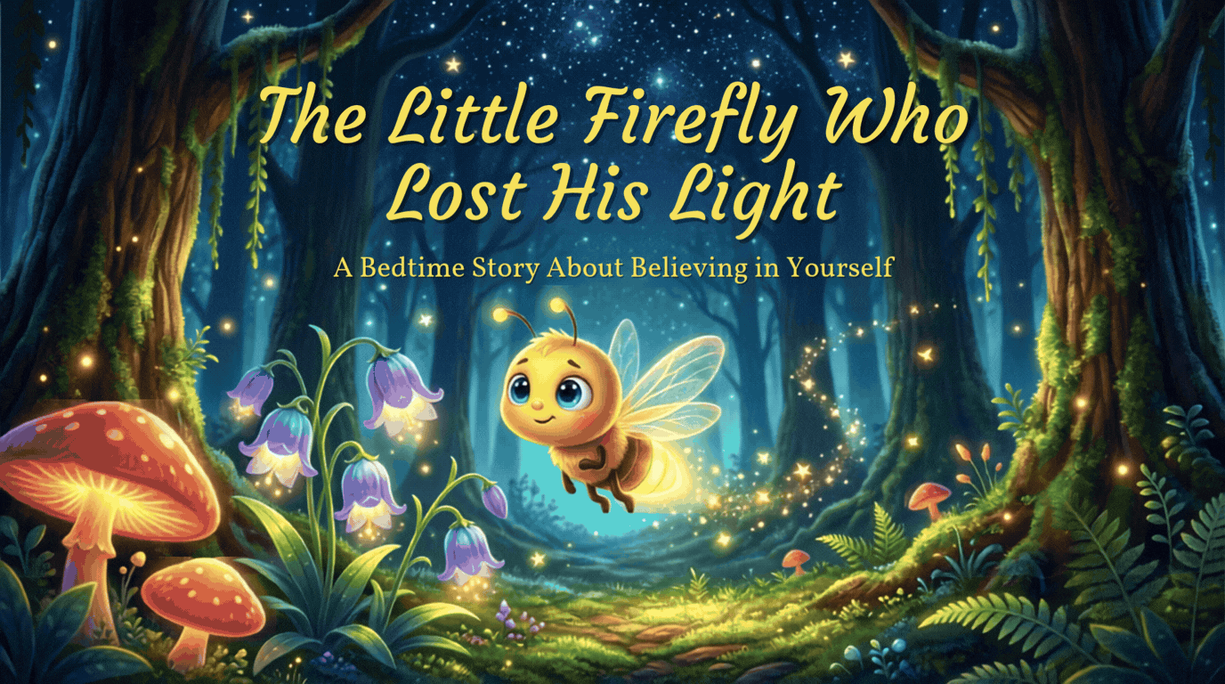 The Little Firefly Who Lost His Light printable bedtime story PDF featuring Lumi, a glowing firefly in a magical forest. A children's story about kindness, hope, and believing in yourself for ages 3–5.
