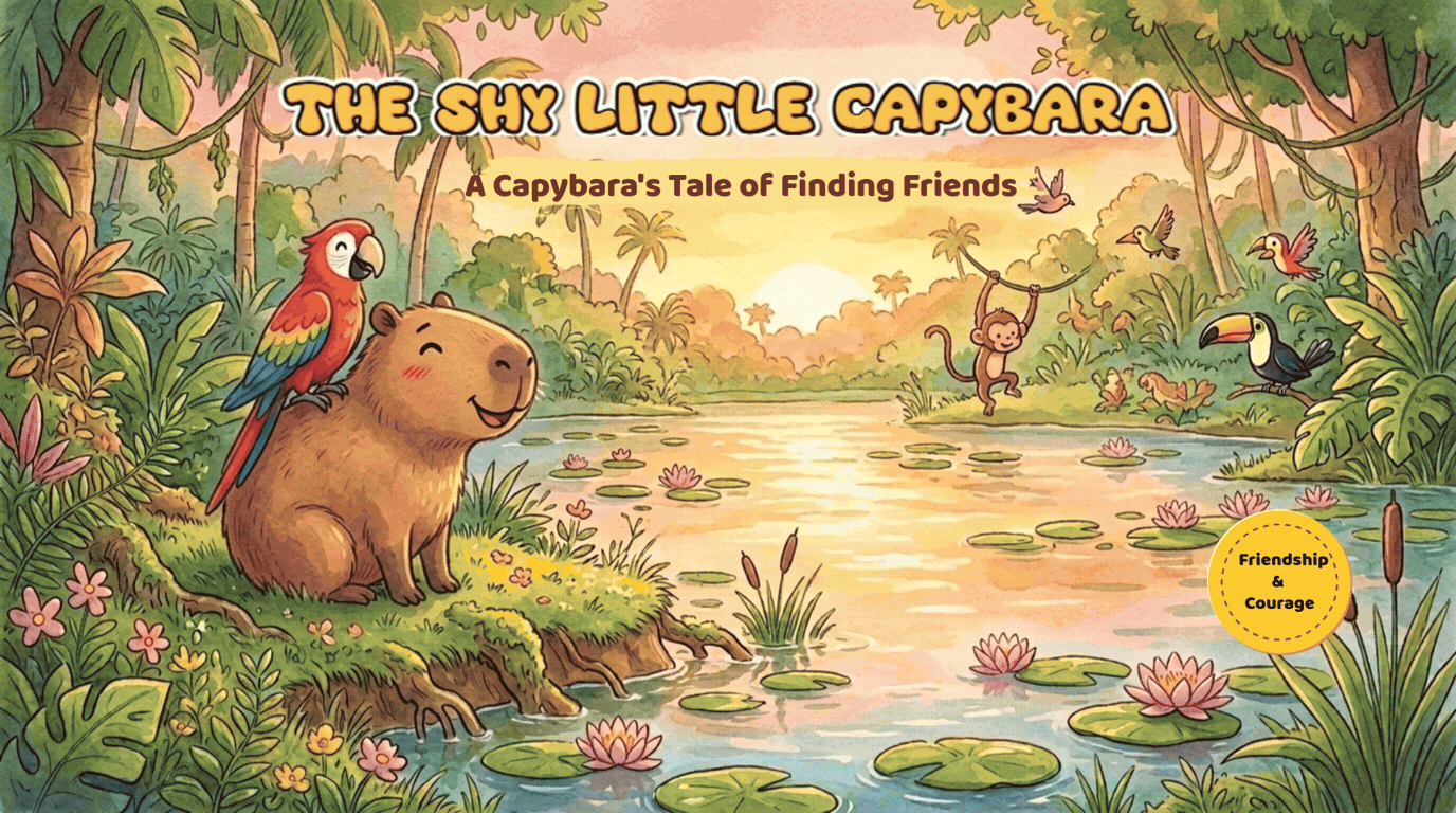 Children's storybook cover illustration of a shy smiling capybara with a colorful red and green parrot perched on its back, sitting by a jungle pond at sunset, titled "The Shy Little Capybara."