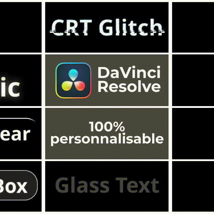 Image animée représentant les 10 animations de textes 100% personnalisables du pack Shelfcut.