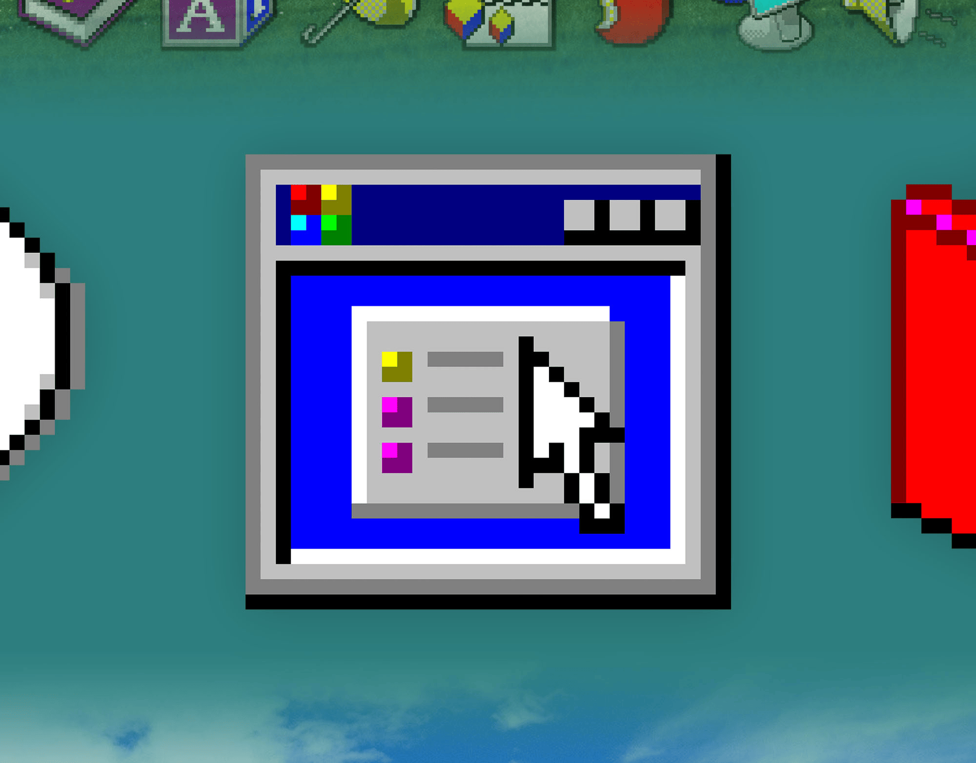Vintage Windows PNG Icon Pack preview, cycling through zoomed-in pixel-art document and file icons. Y2K vintage PNG asset pack.