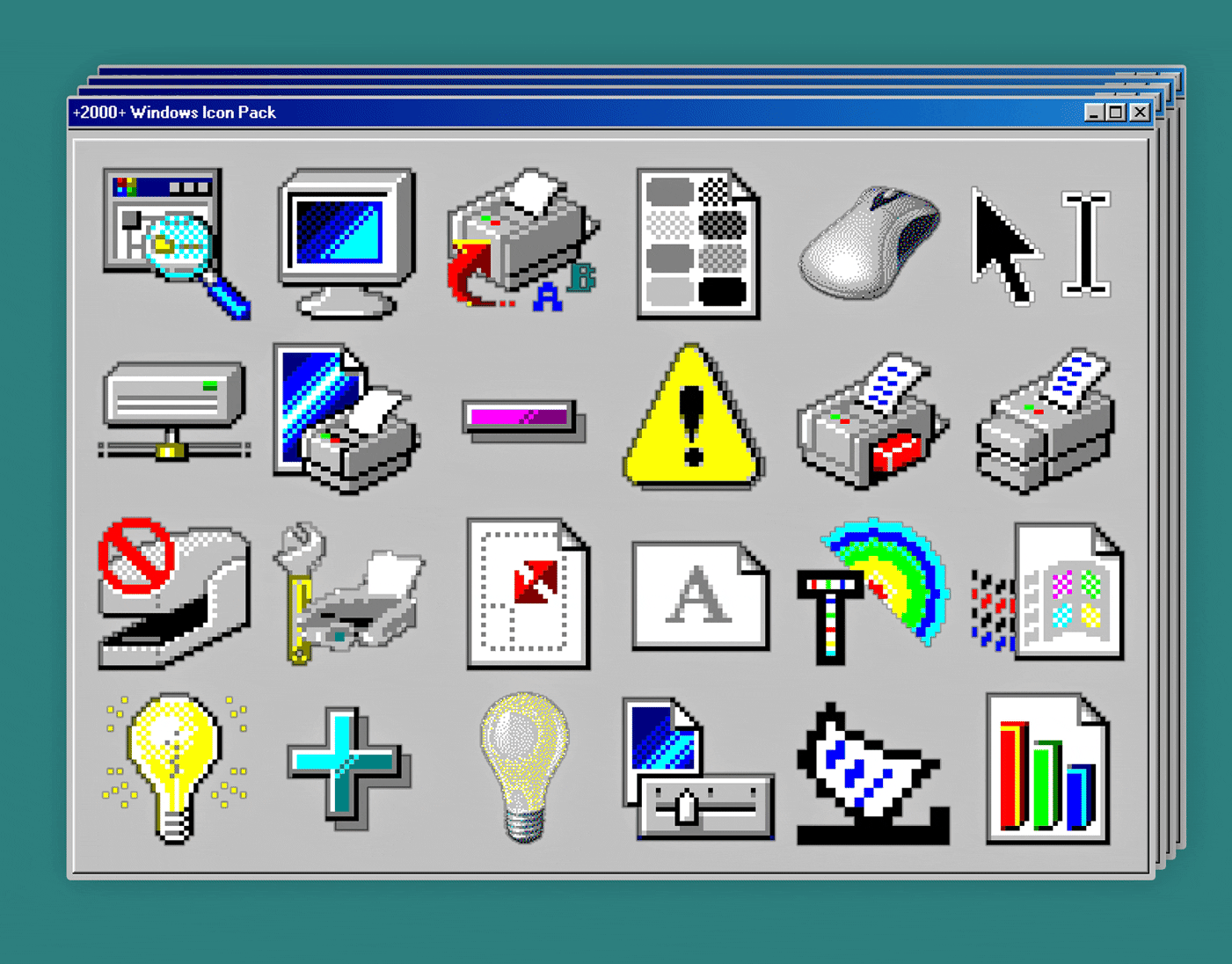 Vintage Windows PNG Icon Pack preview, cycling through classic system icons, folders and app symbols in a retro icon viewer window. Y2K vintage PNG asset pack.