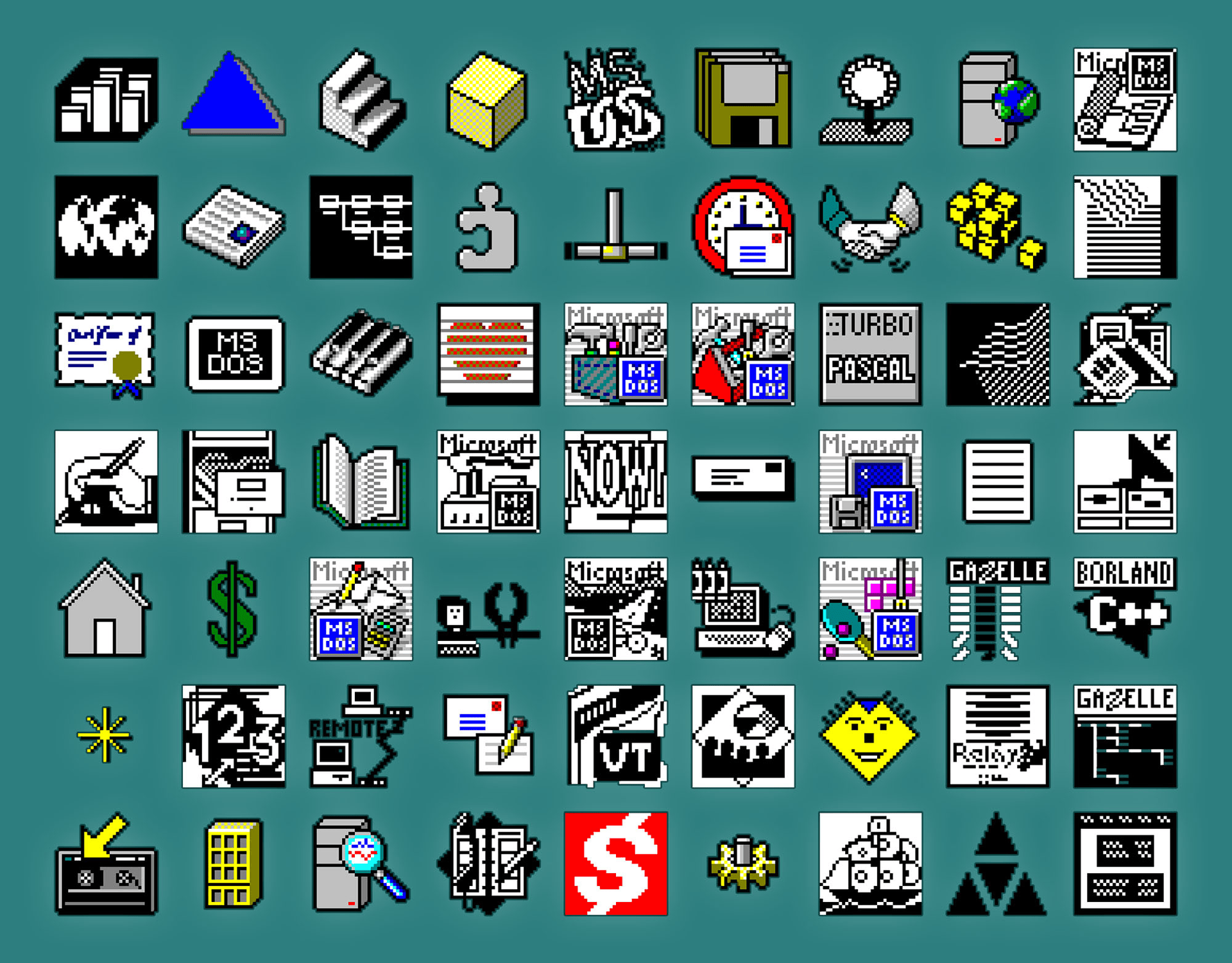 Vintage Windows PNG Icon Pack preview, cycling through grids of classic network, security and system icons. Y2K vintage PNG asset pack.