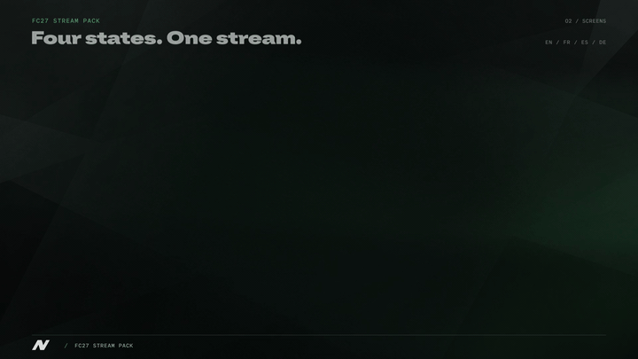 FC27 Green and Dark animated stream screens including Starting Soon, BRB, Ending and Offline scenes
