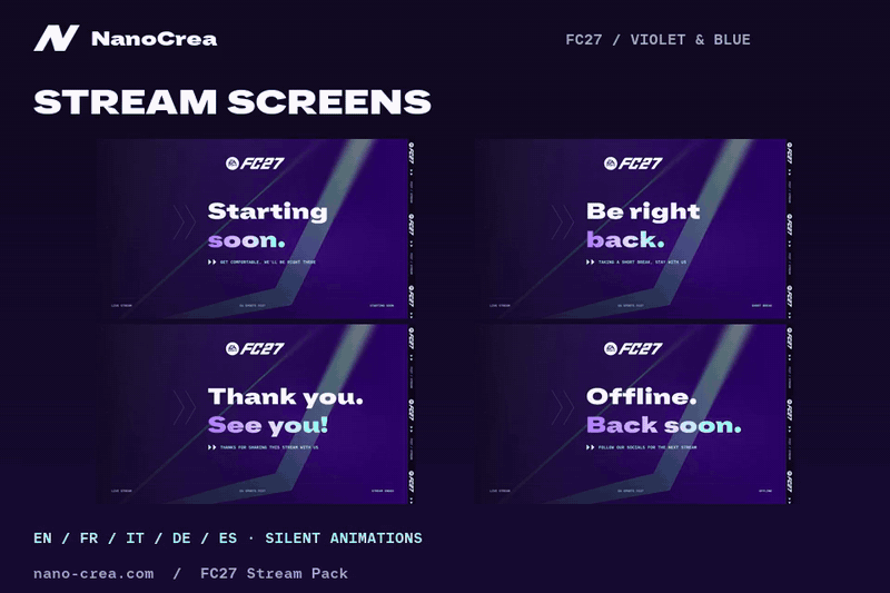 FC27 Starting Soon, Be Right Back, Ending and Offline screens in violet and cyan.