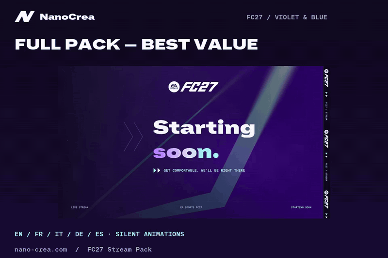 Two animated FC27 scene transitions with geometric effects in violet and cyan.