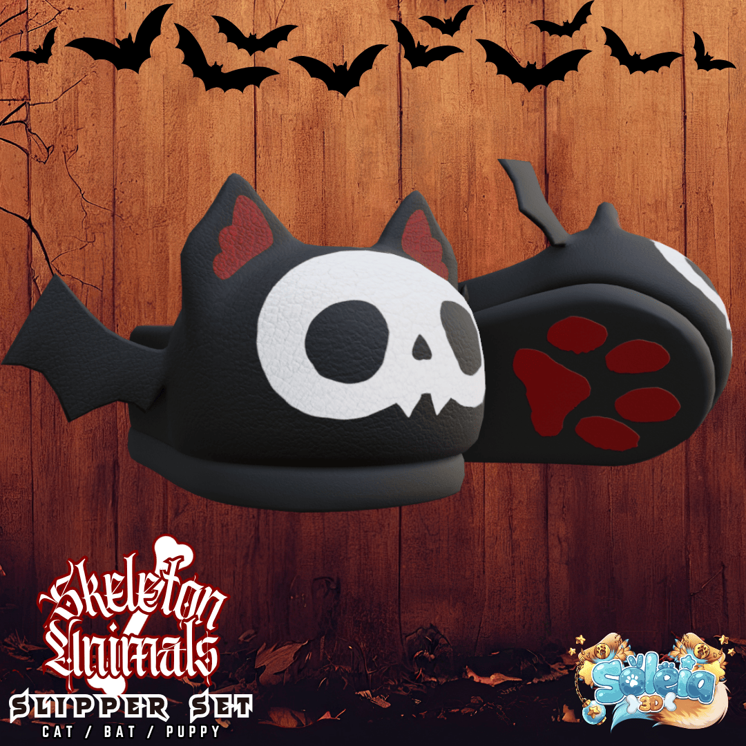 Skeleton Animal Slippers - 3pc Cat/Kitty, Bat, & Dog/Puppy - Comfy Cozy Halloween