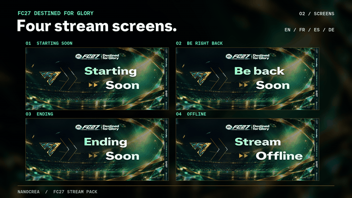 Four animated stream screens in 4 languages