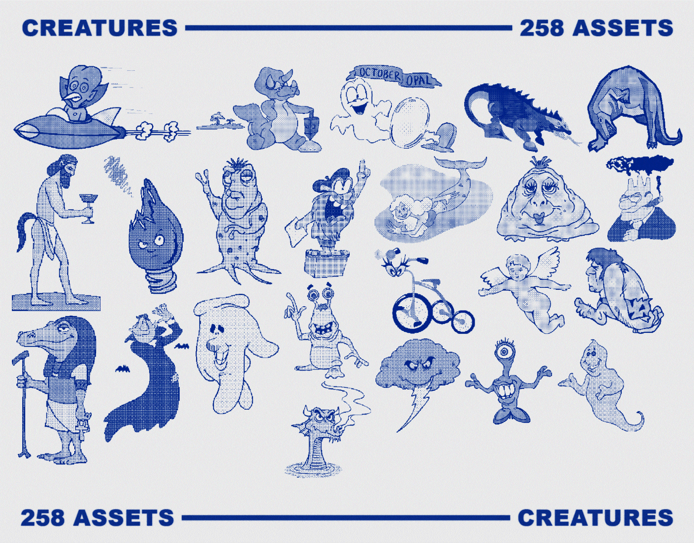 Creatures category preview from a retro cartoon bitmap asset pack showing 258 dithered halftone illustrations of monsters, ghosts, aliens, cherubs, and mythical figures in blue on light gray.