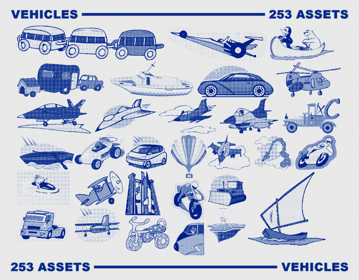 Vehicles category preview from a retro cartoon bitmap asset pack showing 253 dithered halftone illustrations of cars, planes, boats, motorcycles, and spacecraft in blue on light gray.