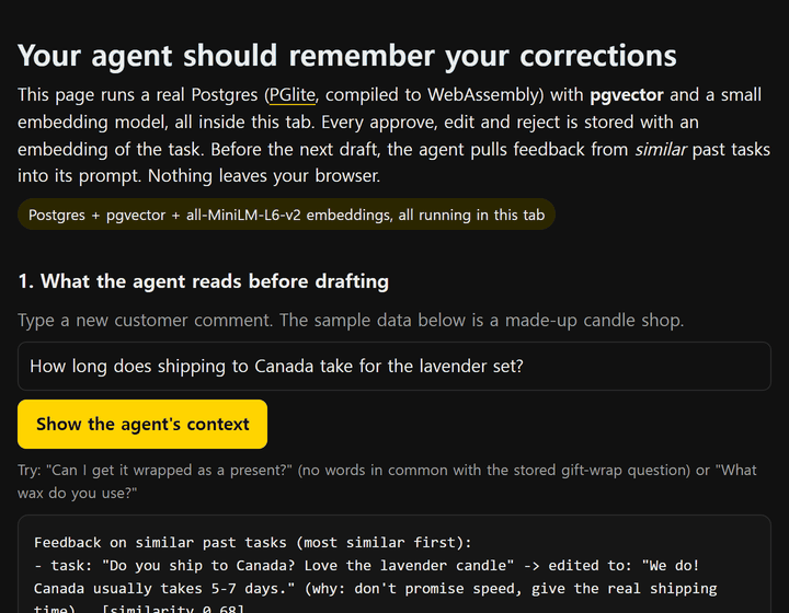 Browser demo: a question with no shared words pulls in the earlier correction