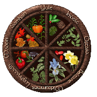 internet graphic depicting the Wiccan Wheel of the Year. The top spoke is labeled Yule and follows clockwise with Imbolc, Ostara, Beltane, Midsummer, Lughnasadh, Mabon, and Samhain; in-between each spoke are various depictions of seasonal foliage and crops